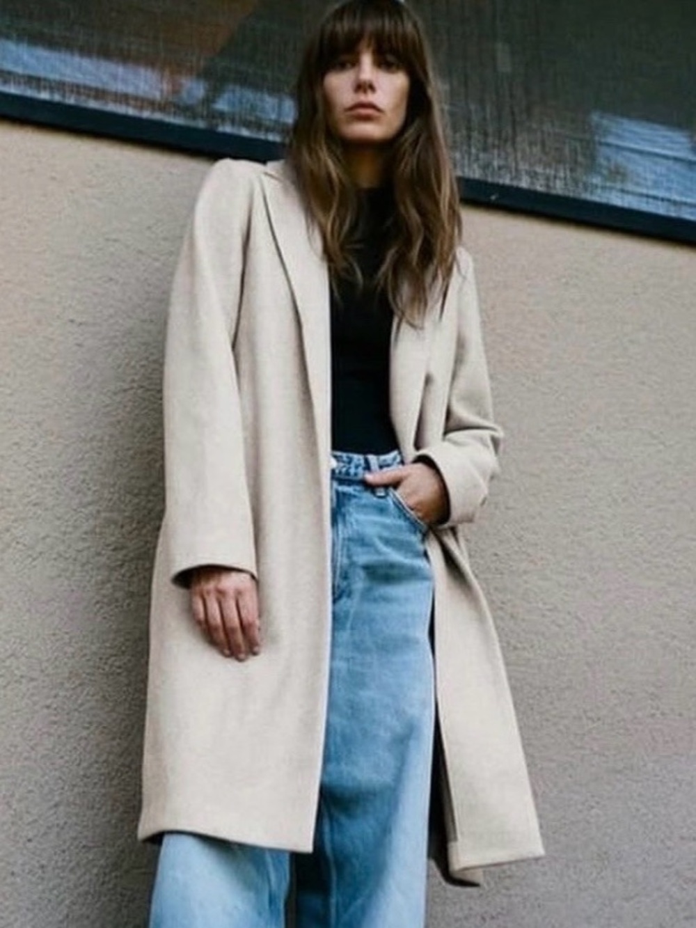 Zara Beige Long Wool-Blend Coat